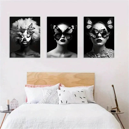 3pcs Monochrome Butterfly Women Portrait Design Metal Print Ready to Hang Art