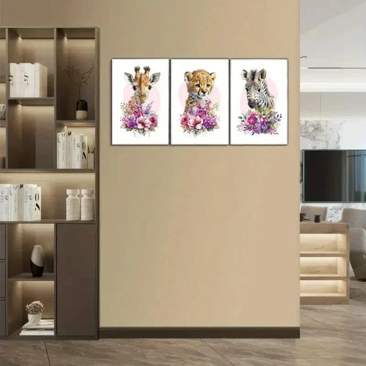 3pcs Modern Giraffe Leopard Zebra Animal Art Metal Print Ready to Hang Art