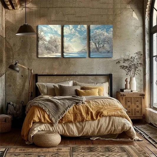 3pcs Winter Woods, White Snow Wall Art Set Canvas Framed 40x60cm - High Quality Print 100% Australian Made Wall Canvas Ready to Hang