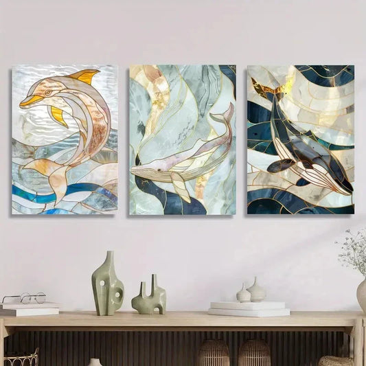 3pcs dolphin stained glass close-up style, Metal Print Ready to Hang Art