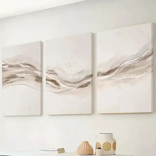 3pcs Beige Wavy Lines Artwork Canvas Framed 40x60cm - High Quality Print 100% Australian Made Wall Canvas Ready to Hang