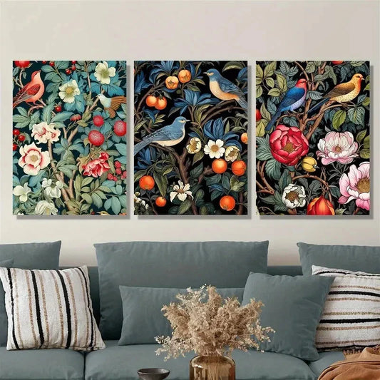 3pcs Plants flowers, birds, watercolor painting, Metal Print Ready to Hang Art