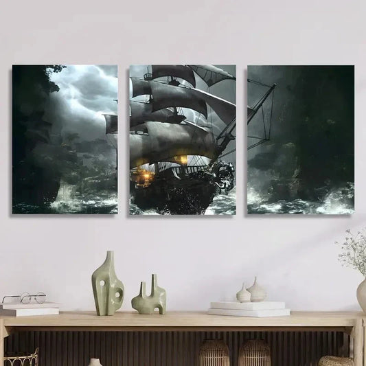 3pcs Pirate Ship in Storm Fantasy Nautical Theme Metal Print Ready to Hang Art