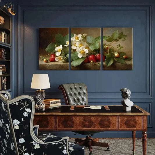 3pcs Strawberry Blossoms & White Flowers Metal Print Ready to Hang Art