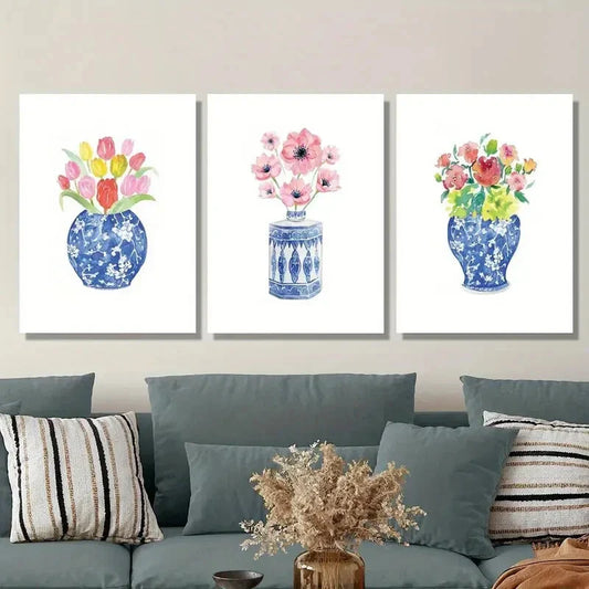 3pcs Watercolor Flowers in Chinese Style Vase Metal Print Ready to Hang Art