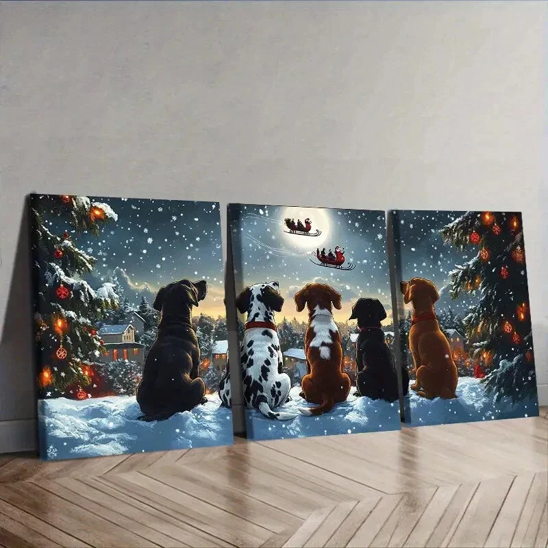 3pcs Festive Dogs Watching Santa Claus Wall Art Set Canvas Framed 40x60cm - High Quality Print 100% Australian Made Wall Canvas Ready to Hang
