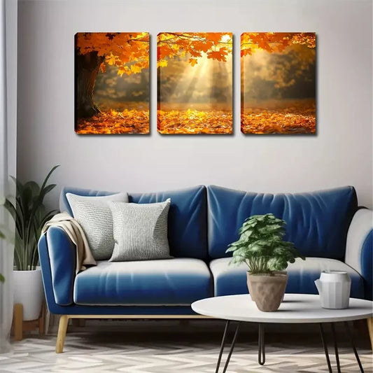 3pcs Romantic Maple Leaves & Sunlight Triptych Wall Art Set Canvas Framed 40x60cm - High Quality Print 100% Australian Made Wall Canvas Ready to Hang