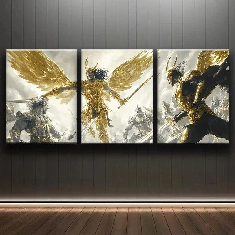 3pcs Fantasy Warrior Battle Luxurious Metal Print Ready to Hang Art