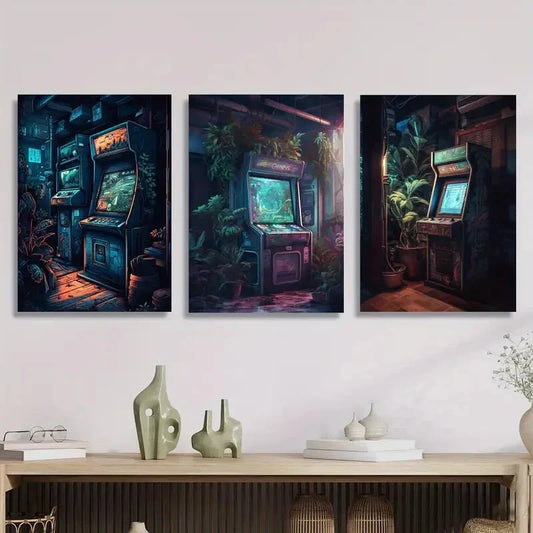 3pcs retro arcade style, retro gaming aesthetics, Metal Print Ready to Hang Art