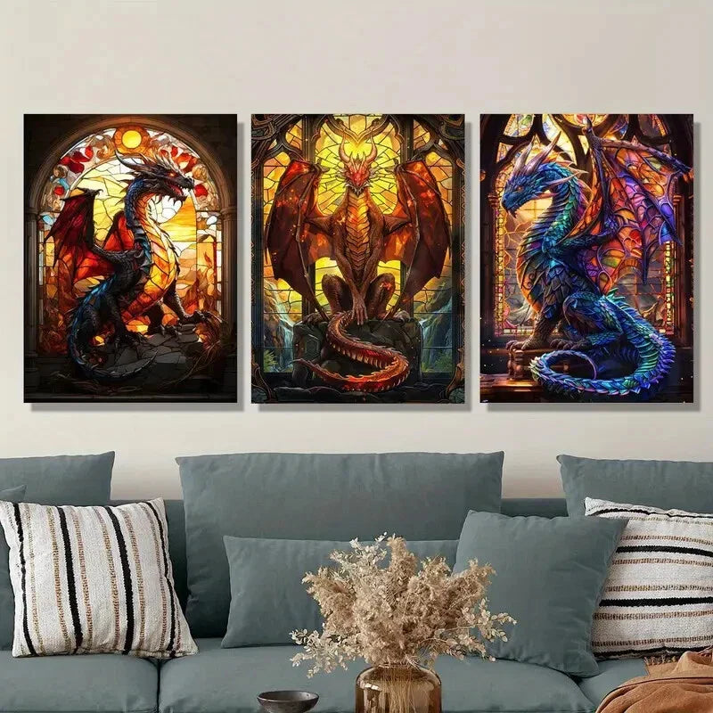 3pcs Abstract Stained Glass Dragon Mythical Metal Print Ready to Hang Art