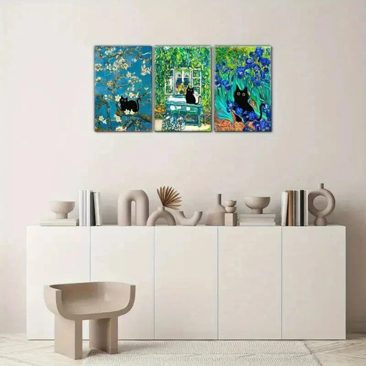 3pcs Cat And Famous Oil Painting Innovative Metal Print Ready to Hang Art