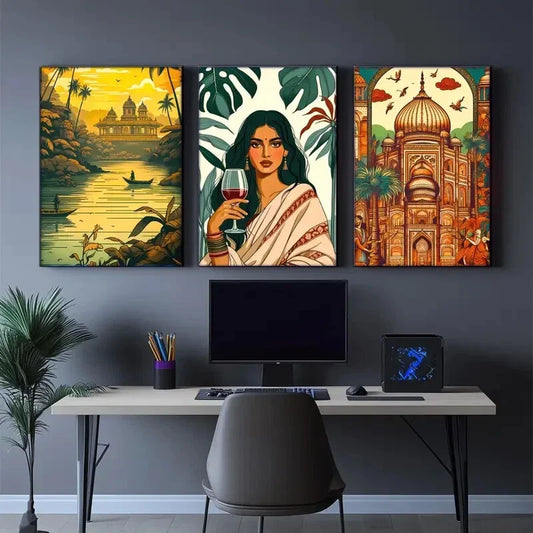 3pcs Fashionable Women Architecture And Landscape Metal Print Ready to Hang Art