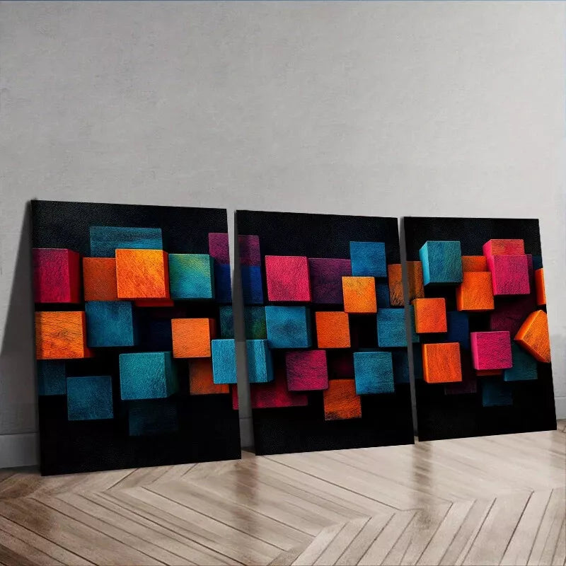 3pcs Art Deco Modern Colorful Cubes Wall Art Set Canvas Framed 40x60cm - High Quality Print 100% Australian Made Wall Canvas Ready to Hang