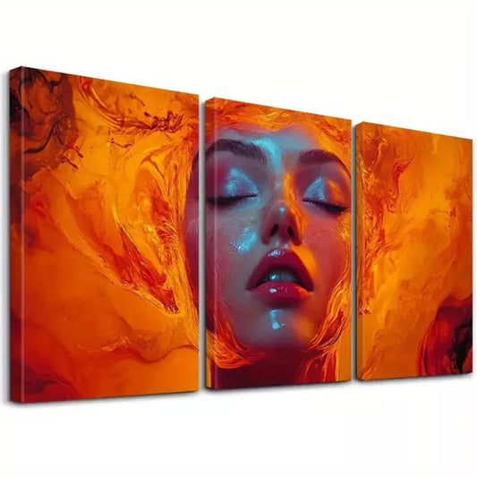 3pcs Fiery Hair Vibrant Orange & Red Abstract Wall Art Set Canvas Framed 40x60cm - High Quality Print 100% Australian Made Wall Canvas Ready to Hang