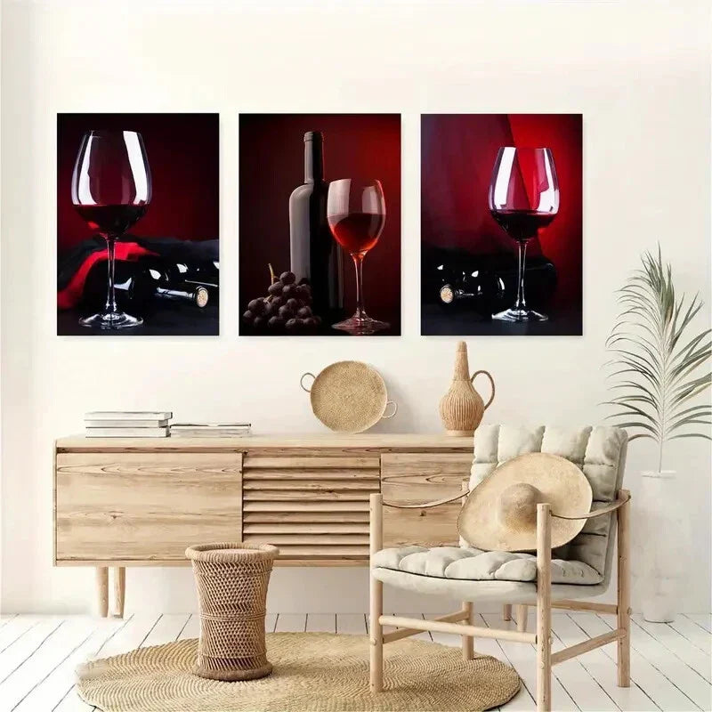 3pcs Grape Wine Bottle and Cup Metal Print Ready to Hang Art