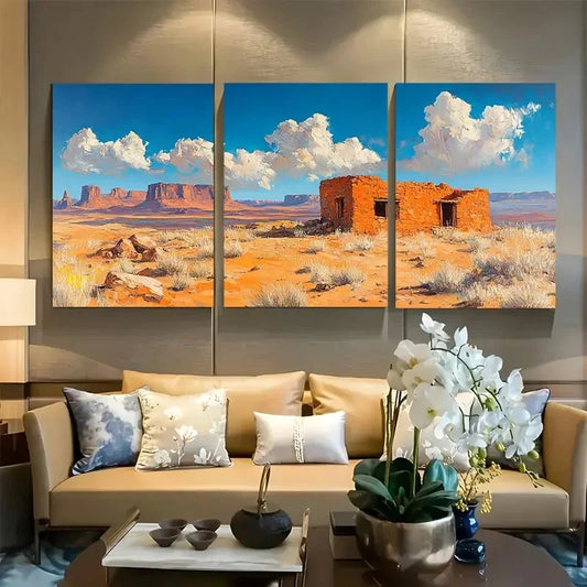 3pcs Navajo Hogan in Arizona Desert Metal Print Ready to Hang Art