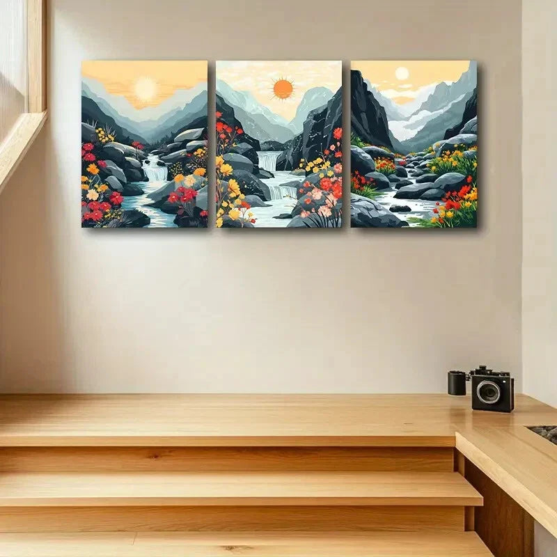 3pcs Yamanaka Mountain Landscape with Florals Metal Print Ready to Hang Art