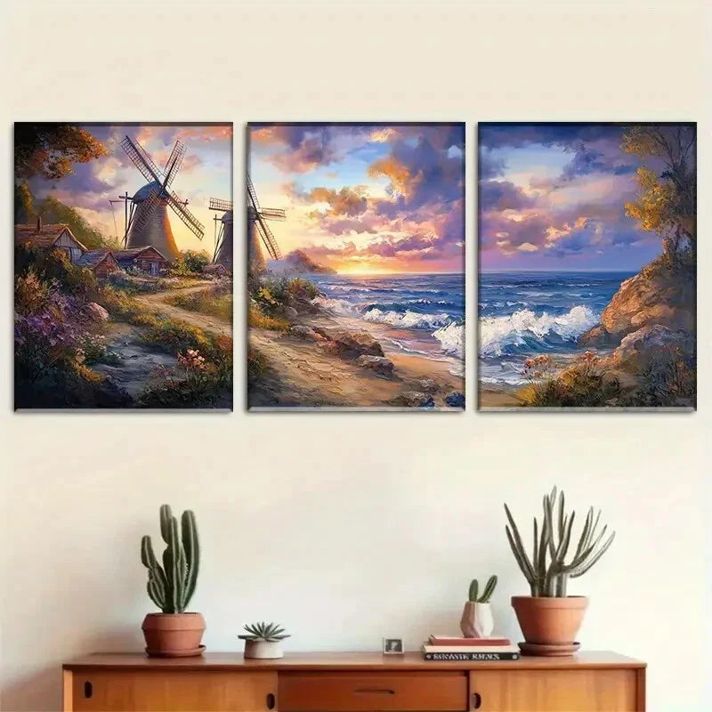 3pcs Dutch-Style Coastal Landscape with Windmills Metal Print Ready to Hang Art