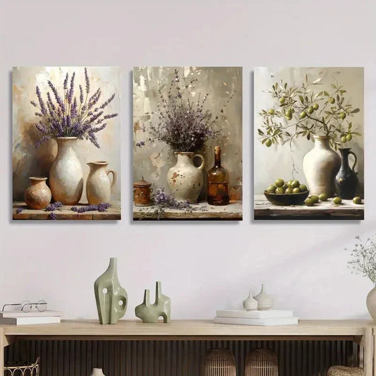 3pcs Featuring a Rustic Lavender Pottery Jar, Metal Print Ready to Hang Art