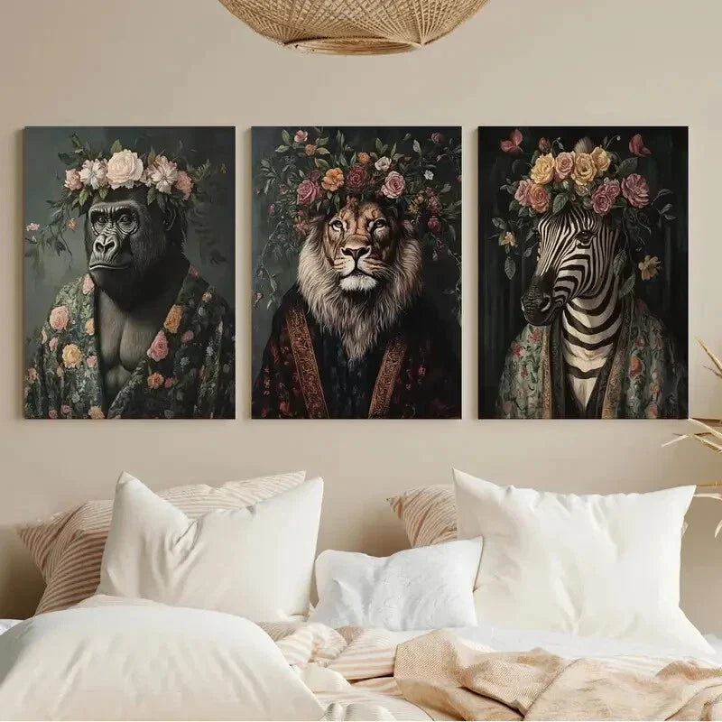 3pcs Floral Animal Portrait Majestic Animals Metal Print Ready to Hang Art