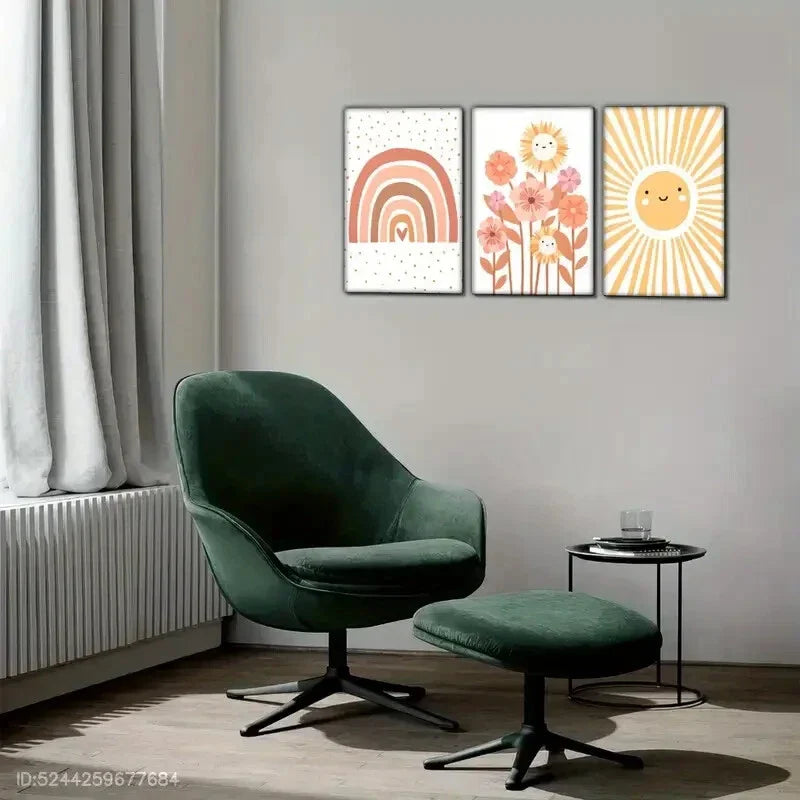 3pcs Rainbow Sun and Flowers Design Posters Metal Print Ready to Hang Art