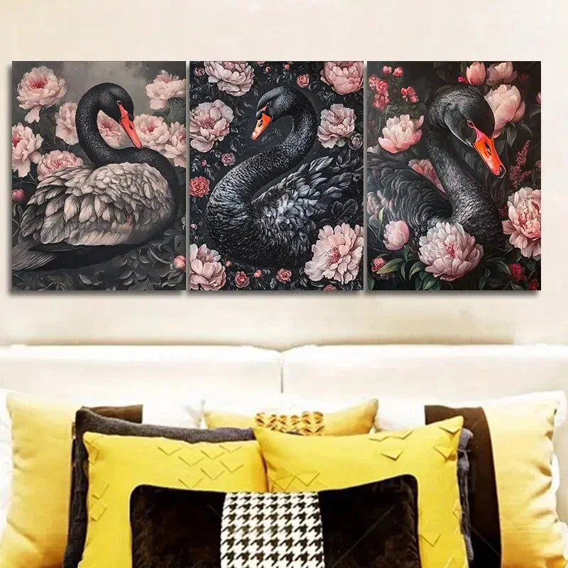 3pcs Very elegant black swan Art Painting Metal Print Ready to Hang Art