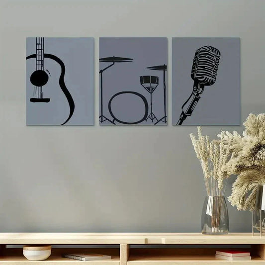 3pcs Creative Guitar Drum Microphone Painting Metal Print Ready to Hang Art