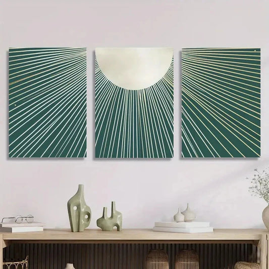 3pcs Abstract Teal Lines, Metal Print Ready to Hang Art
