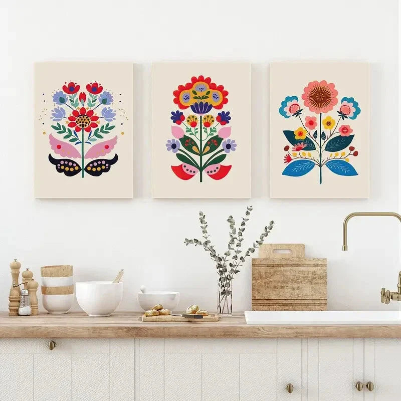 3pcs Vibrant Scandinavian Floral Metal Print Ready to Hang Art