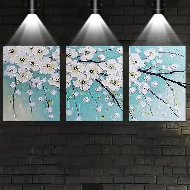 3pcs Fresh Tree Branch with White Flower Metal Print Ready to Hang Art