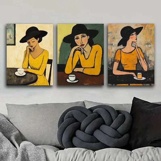 3pcs The woman in the cafe Metal Print Ready to Hang Art
