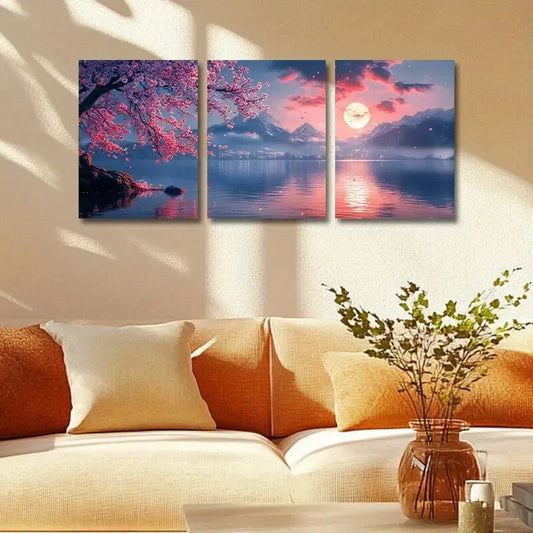 3pcs A cherry blossom, Moon & Mountain View Design Metal Print Ready to Hang Art