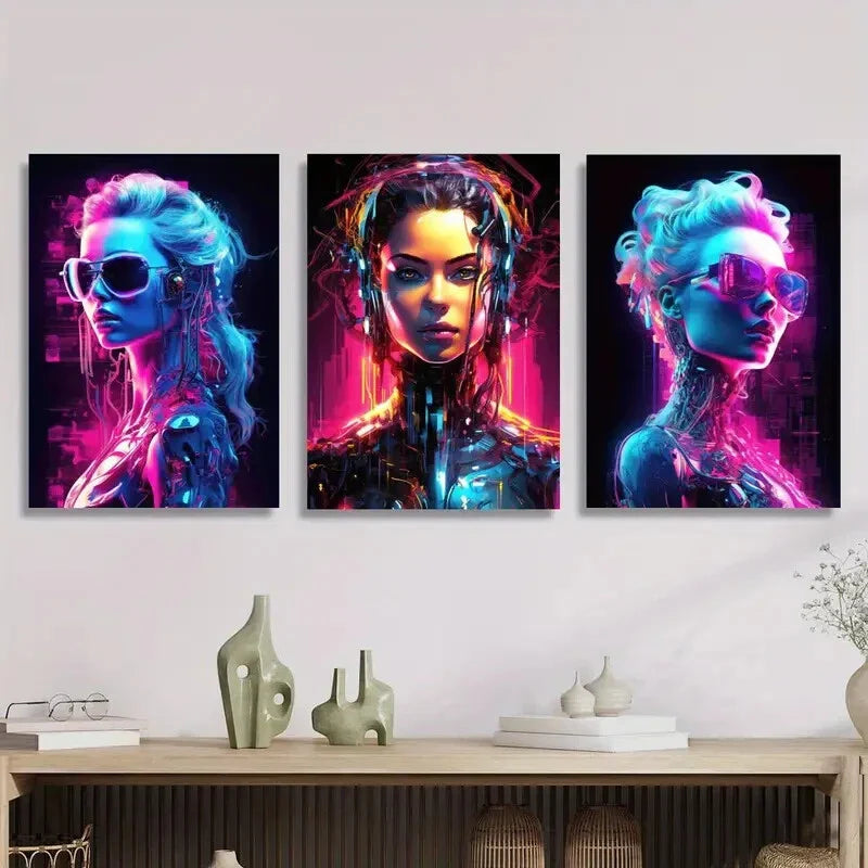 3pcs colorful female humanoid robot portrait Metal Print Ready to Hang Art