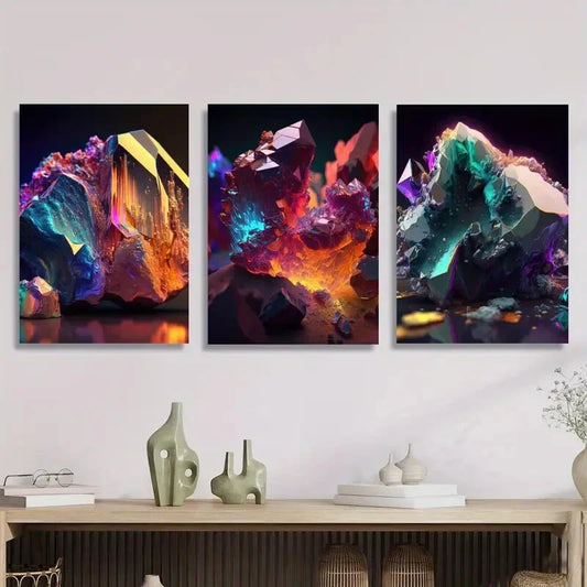3pcs Gorgeous Crystal Stones, Mineral Lovers Metal Print Ready to Hang Art