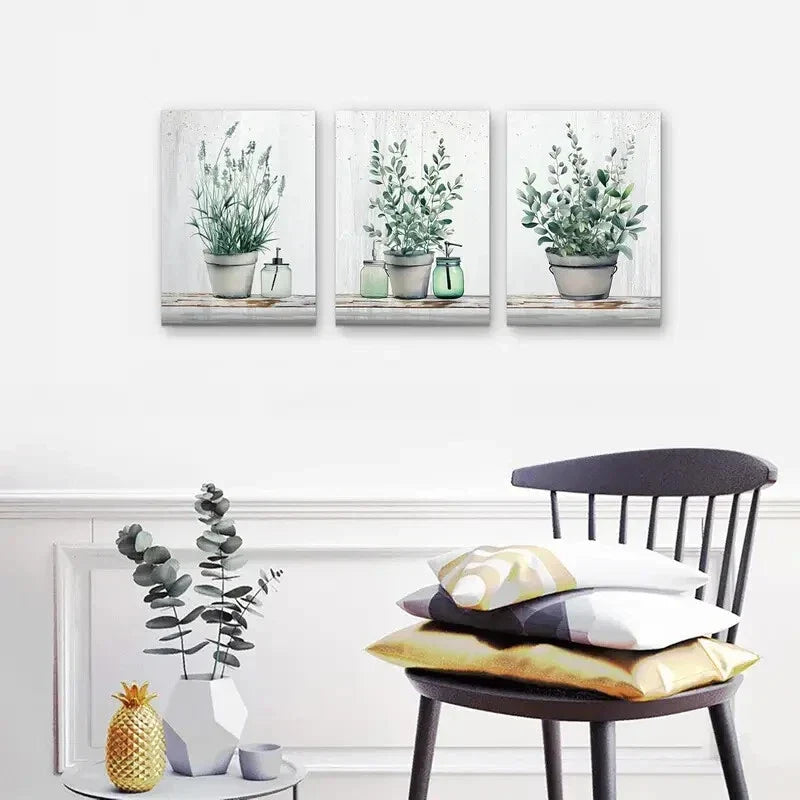 3pcs Artwork of Green Leaves in Vases Metal Print Ready to Hang Art