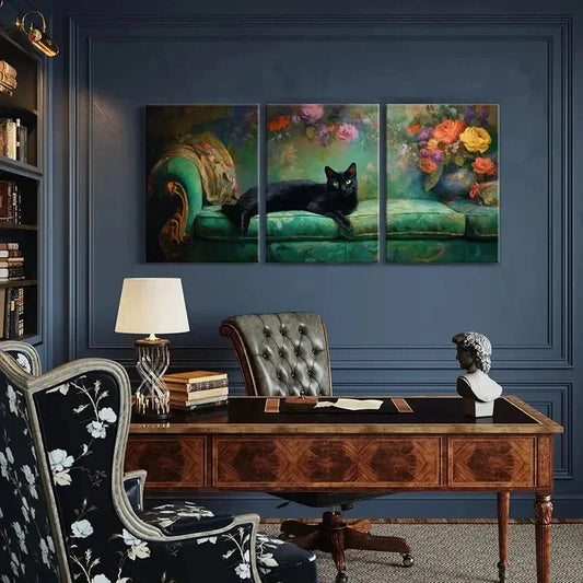 3pcs Black Cat Floral Background Green Sofa Metal Print Ready to Hang Art