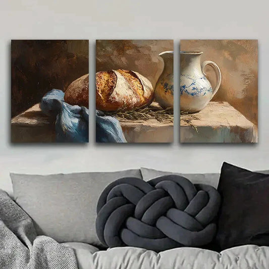 3pcs Still life of bread and kettle Metal Print Ready to Hang Art
