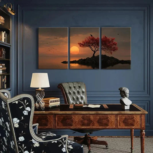 3pcs Sunset Tree Silhouette with Birds Orange Sky Metal Print Ready to Hang Art