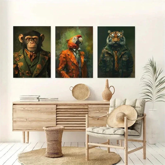 3pcs Wearing Suits Monkey Parrot Tiger Metal Print Ready to Hang Art