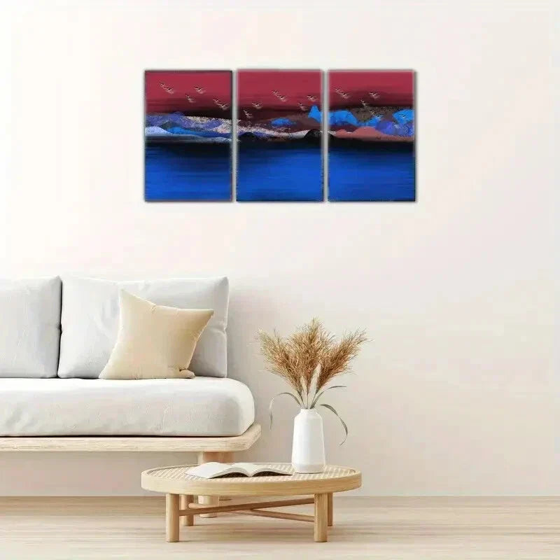 3pcs Mountains, rivers, birds, landscape art Metal Print Ready to Hang Art