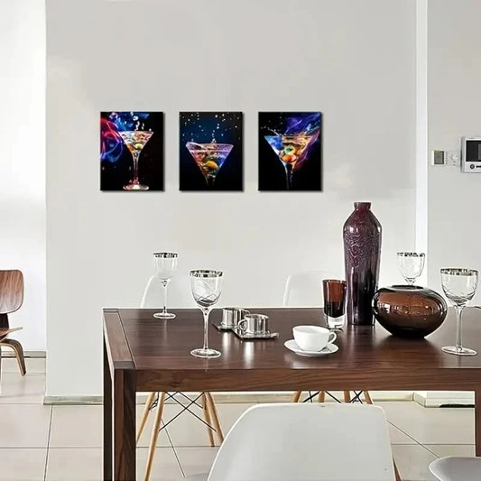 3pcs Sparkling Wine & Cocktail Prints, Metal Print Ready to Hang Art