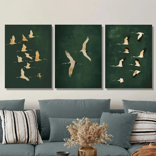 3pcs Featuring Cranes in Emerald Green, Metal Print Ready to Hang Art
