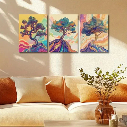 3pcs Modern Colorful Abstract Tree Design Metal Print Ready to Hang Art