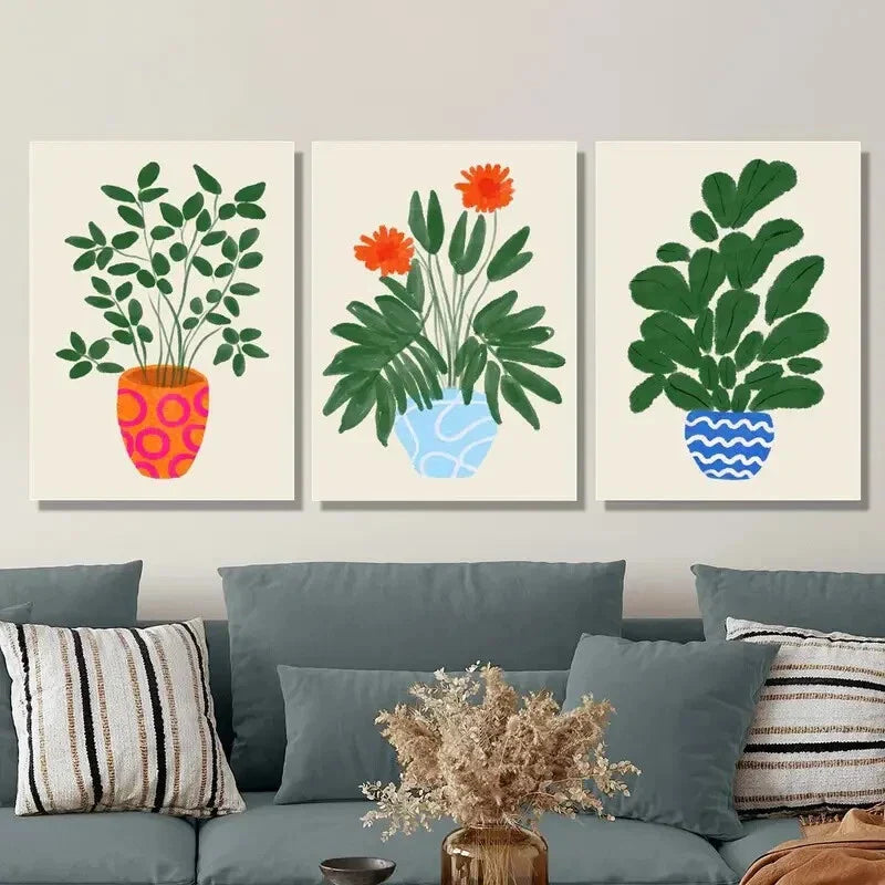 3pcs Tropical Plant Illustrations in Pots, Metal Print Ready to Hang Art