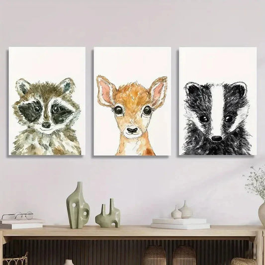 3pcs Baby raccoon, cute deer and badger, Metal Print Ready to Hang Art