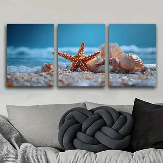 3pcs Sea shells and Starfish Perfect for Décor Wall Art Set Canvas Framed 40x60cm - High Quality Print 100% Australian Made Wall Canvas Ready to Hang