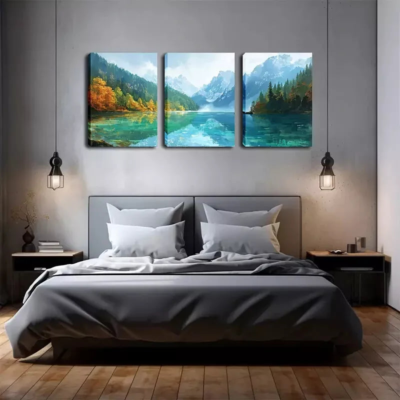 3pcs Vibrant Green Lake and Mountain Landscape Wall Art Set Canvas Framed 40x60cm - High Quality Print 100% Australian Made Wall Canvas Ready to Hang