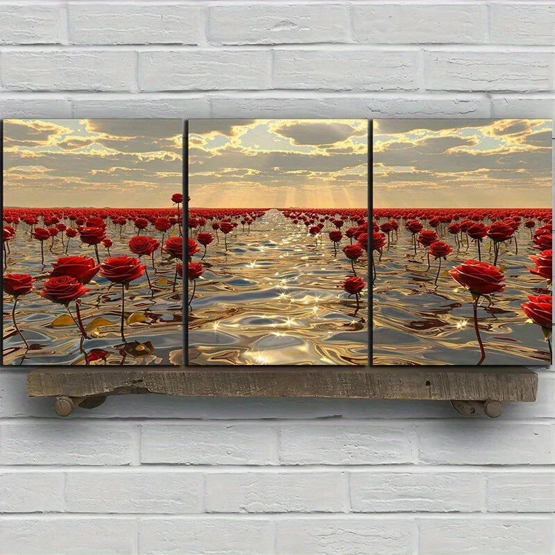 3pcs Embossed Rose River Decorative Metal Print Ready to Hang Art