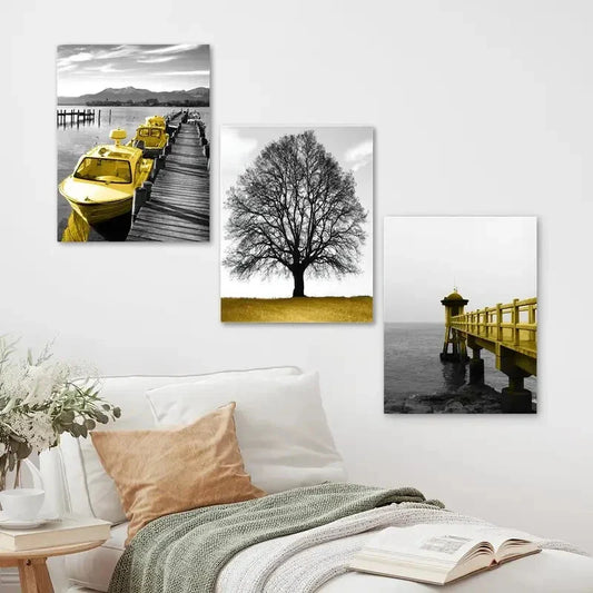 3pcs Modern Boat and Bridge with Tree Metal Print Ready to Hang Art