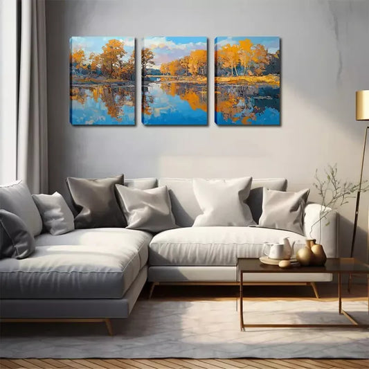 3pcs Rustic Autumn Forest Reflection Wall Art Set Canvas Framed 40x60cm - High Quality Print 100% Australian Made Wall Canvas Ready to Hang